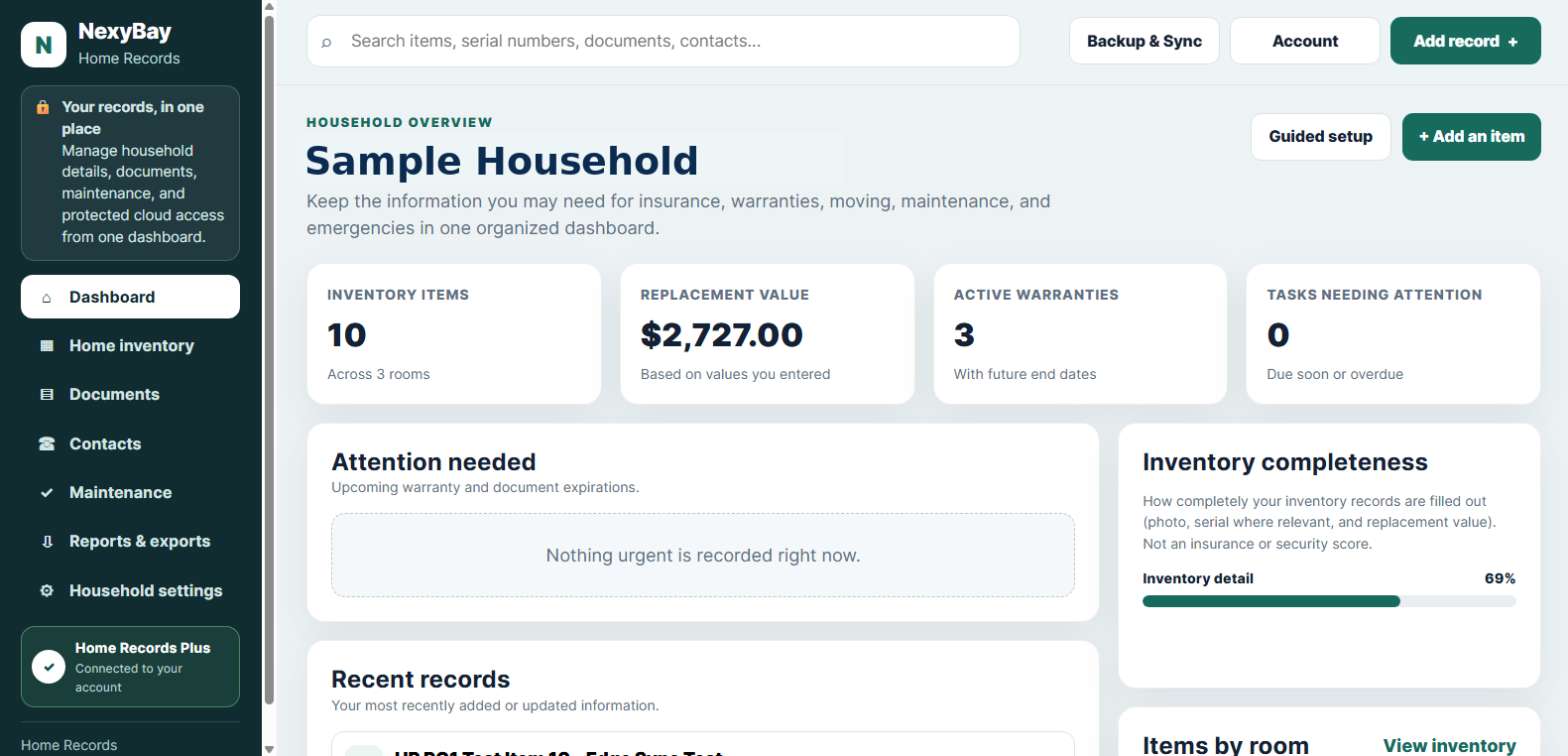 Home Records dashboard showing inventory items, replacement values, warranty status and room summaries
