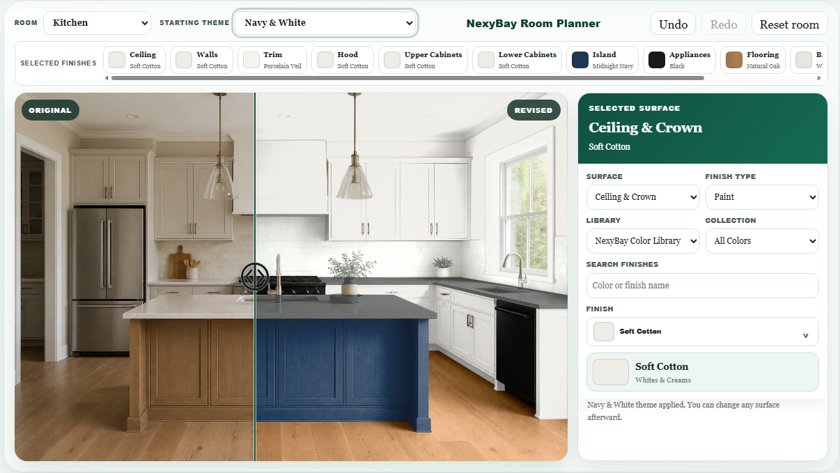 Kitchen scene in the NexyBay Room Planner with selected finishes